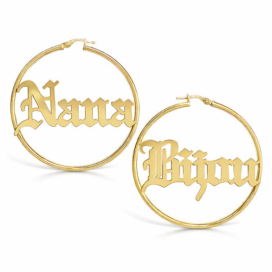 14K Gold Nameplate Hoop Earrings ~ Block, Old English or Script Font