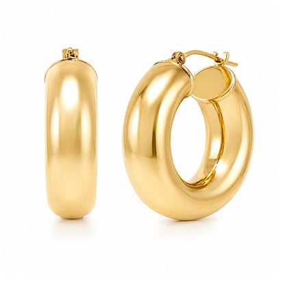 14K Gold 10mm Thick Tube Hoop Earrings, 1 Inch Diameter