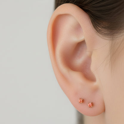 14K Gold 1mm Solitaire Orange Sapphire 4 Prong Stud Earrings