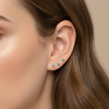 14K Gold 1mm Solitaire Turquoise 4 Prong Stud Earrings