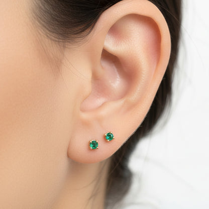 14K Gold 2mm Solitaire Emerald 4 Prong Stud Earrings