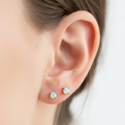 14K Gold 2mm Solitaire Opal Cabochon 4 Prong Stud Earrings