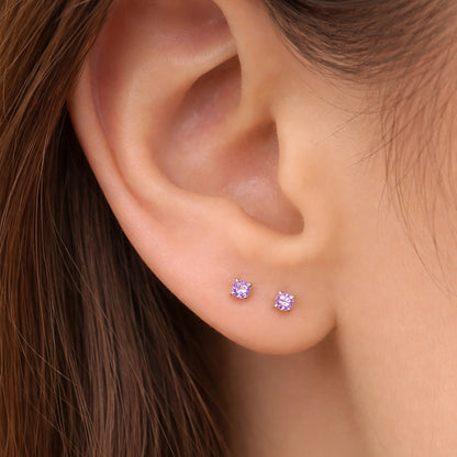 14K Gold 2mm Solitaire Purple Sapphire 4 Prong Stud Earrings