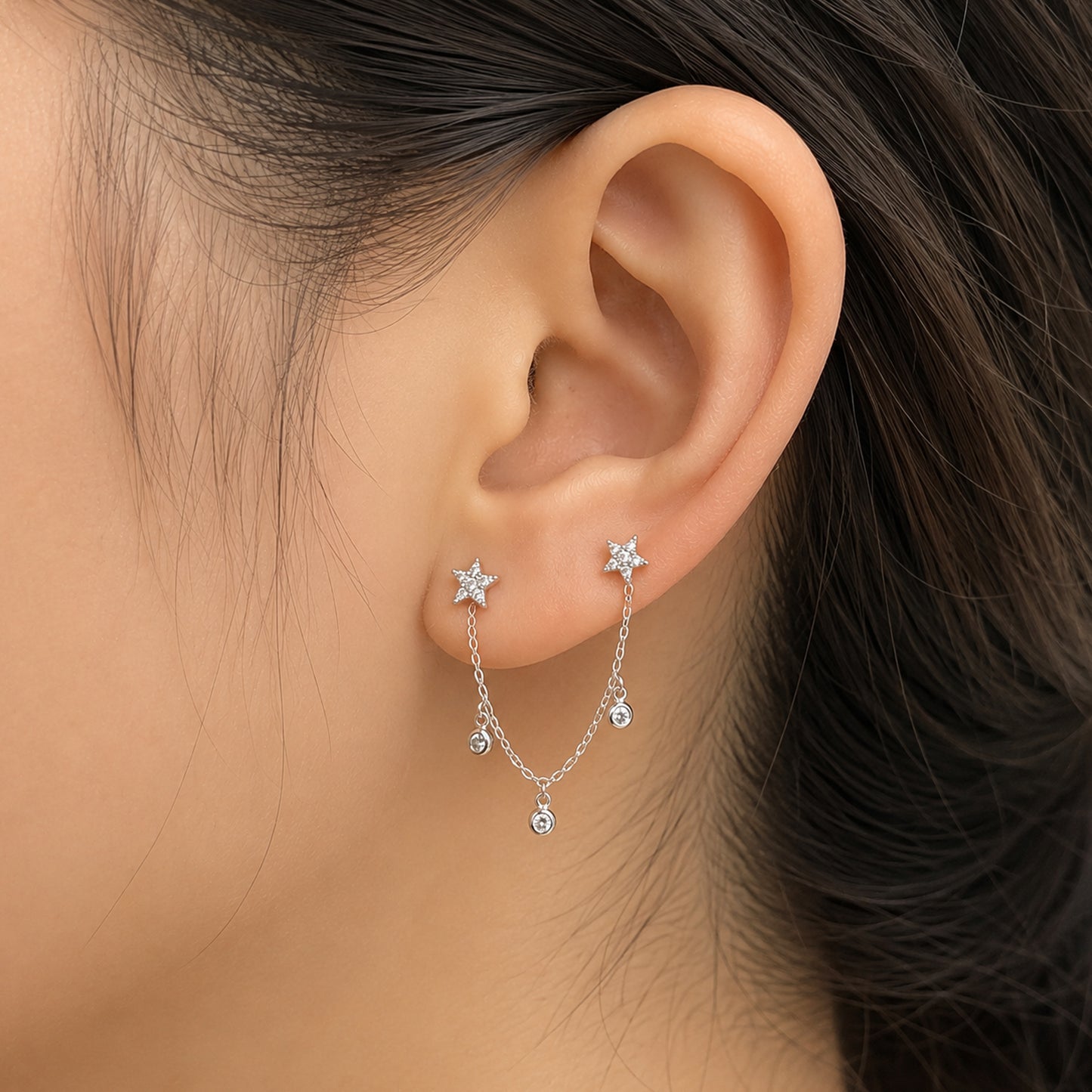 14K Gold Triple Diamond Dangle Chain Earring Jacket