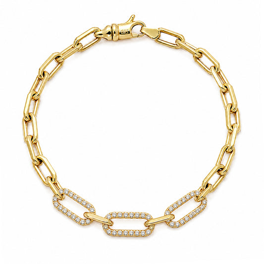 14K Gold Triple Diamond Thick Oval Link Bracelet ~ Small Links