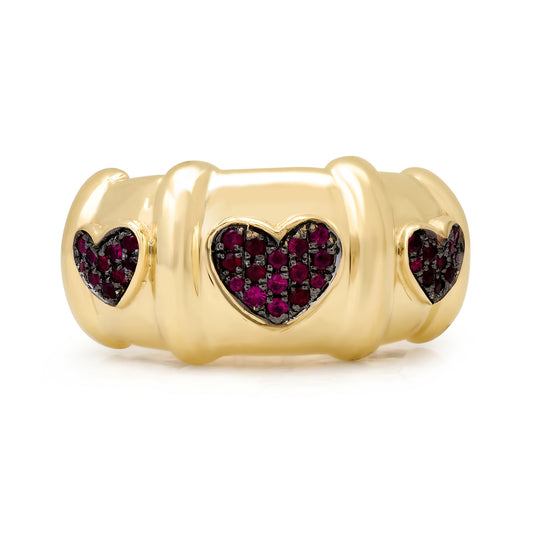 14K Gold Ruby Pavé Heart Past Present Future Ring