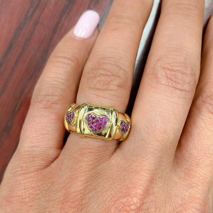 14K Gold Ruby Pavé Heart Past Present Future Ring