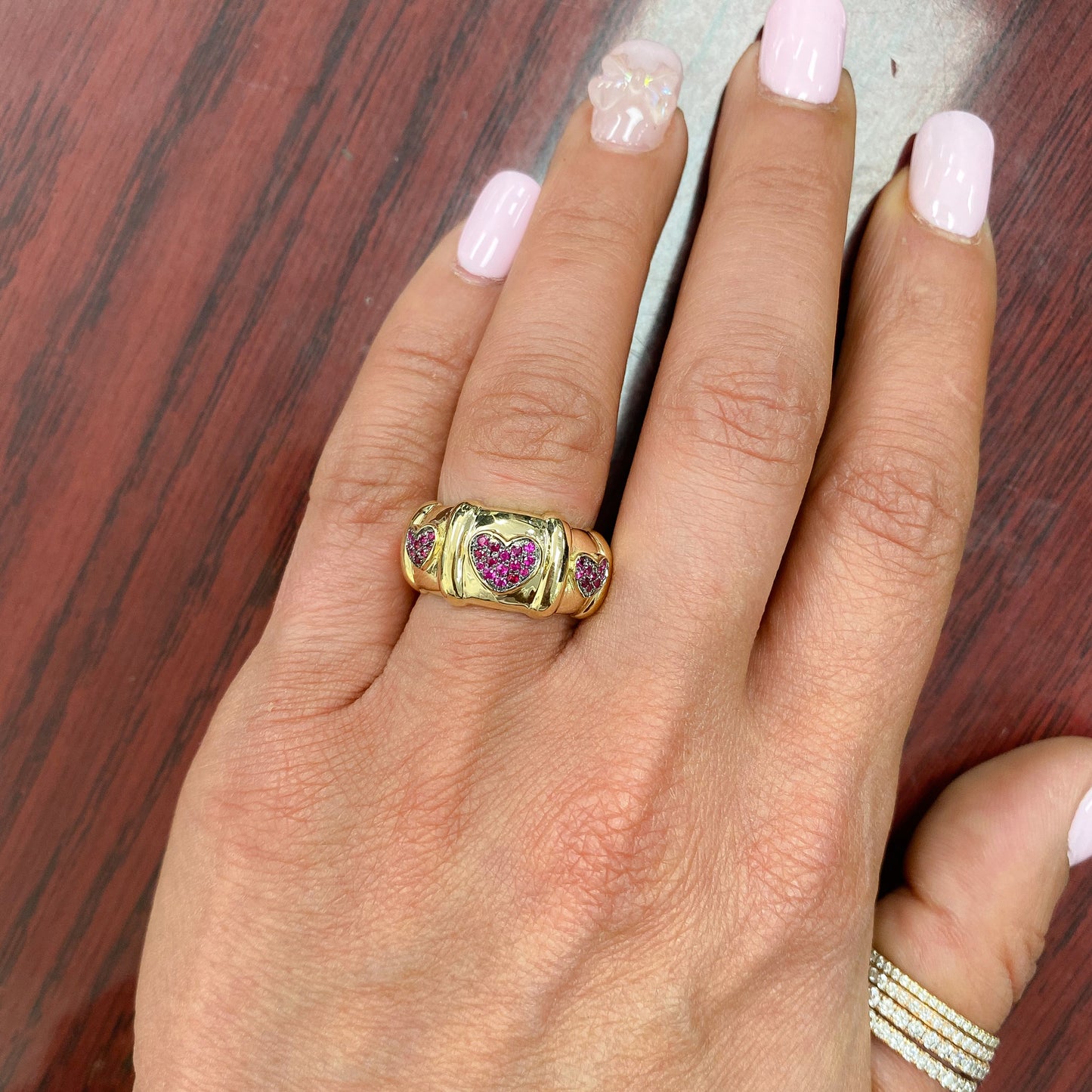 14K Gold Ruby Pavé Heart Past Present Future Ring