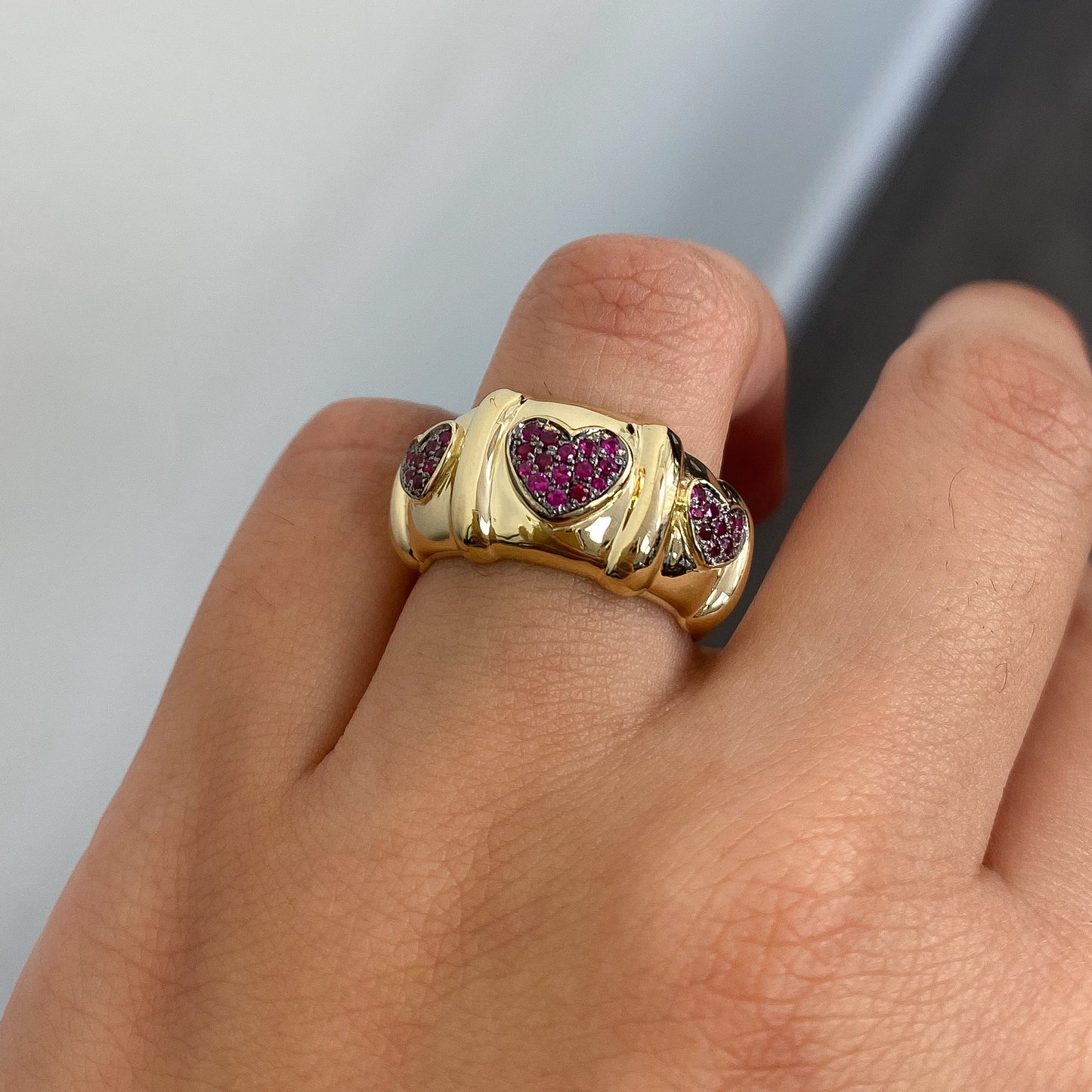 14K Gold Ruby Pavé Heart Past Present Future Ring