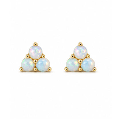 14K Gold Triple Opal Cabochon Trinity Cluster Stud Earrings