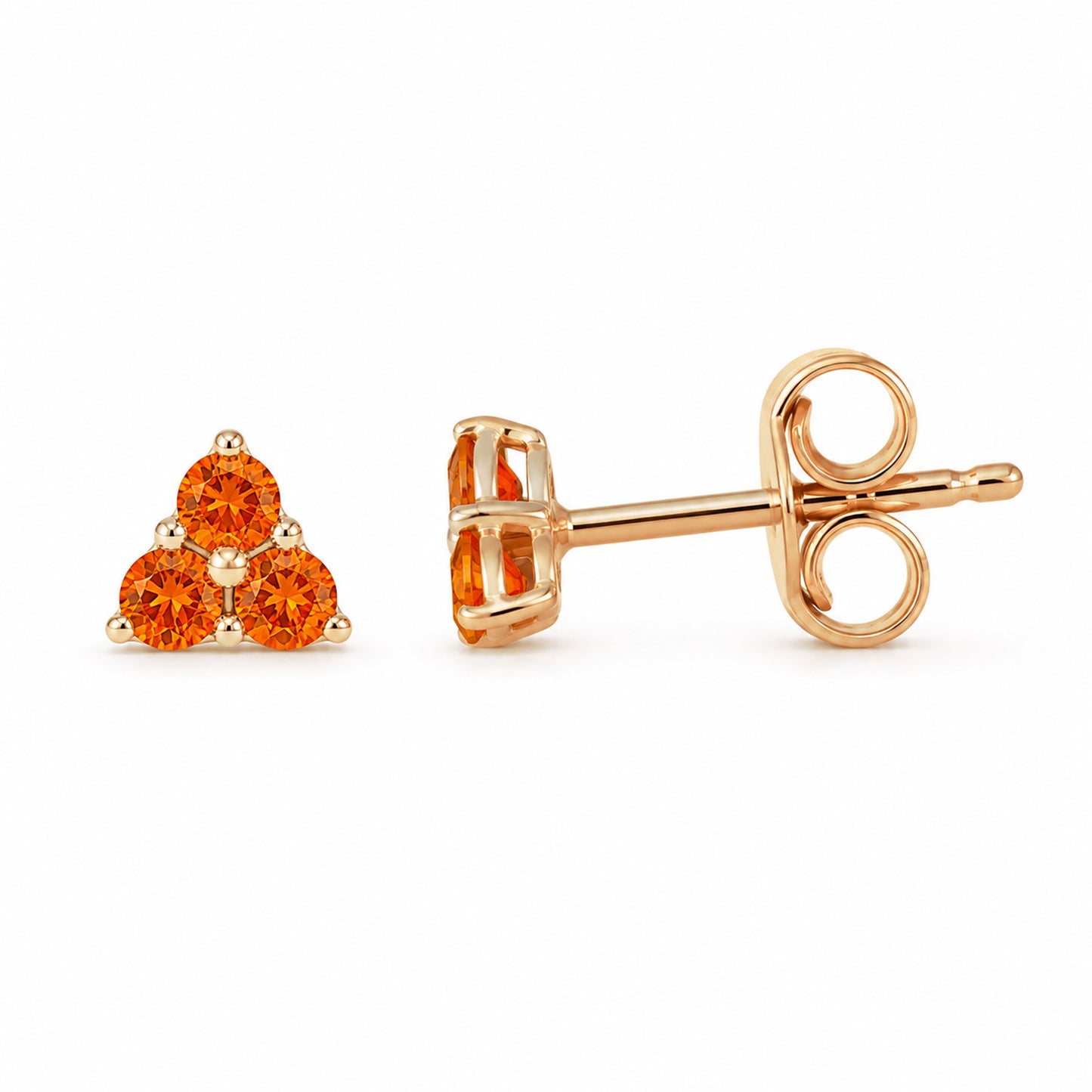 14K Gold Triple Orange Sapphire Trinity Cluster Stud Earrings