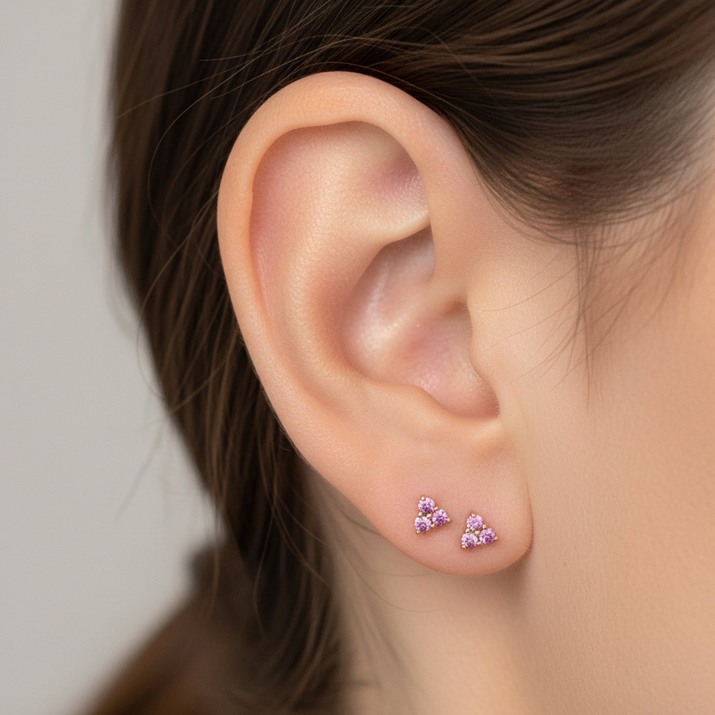 14K Gold Triple Purple Sapphire Trinity Cluster Stud Earrings