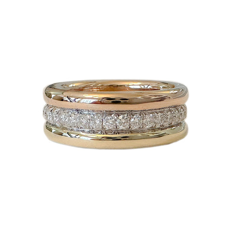 14K Tri-Color Gold Diamond Triple Round Eternity Band Ring