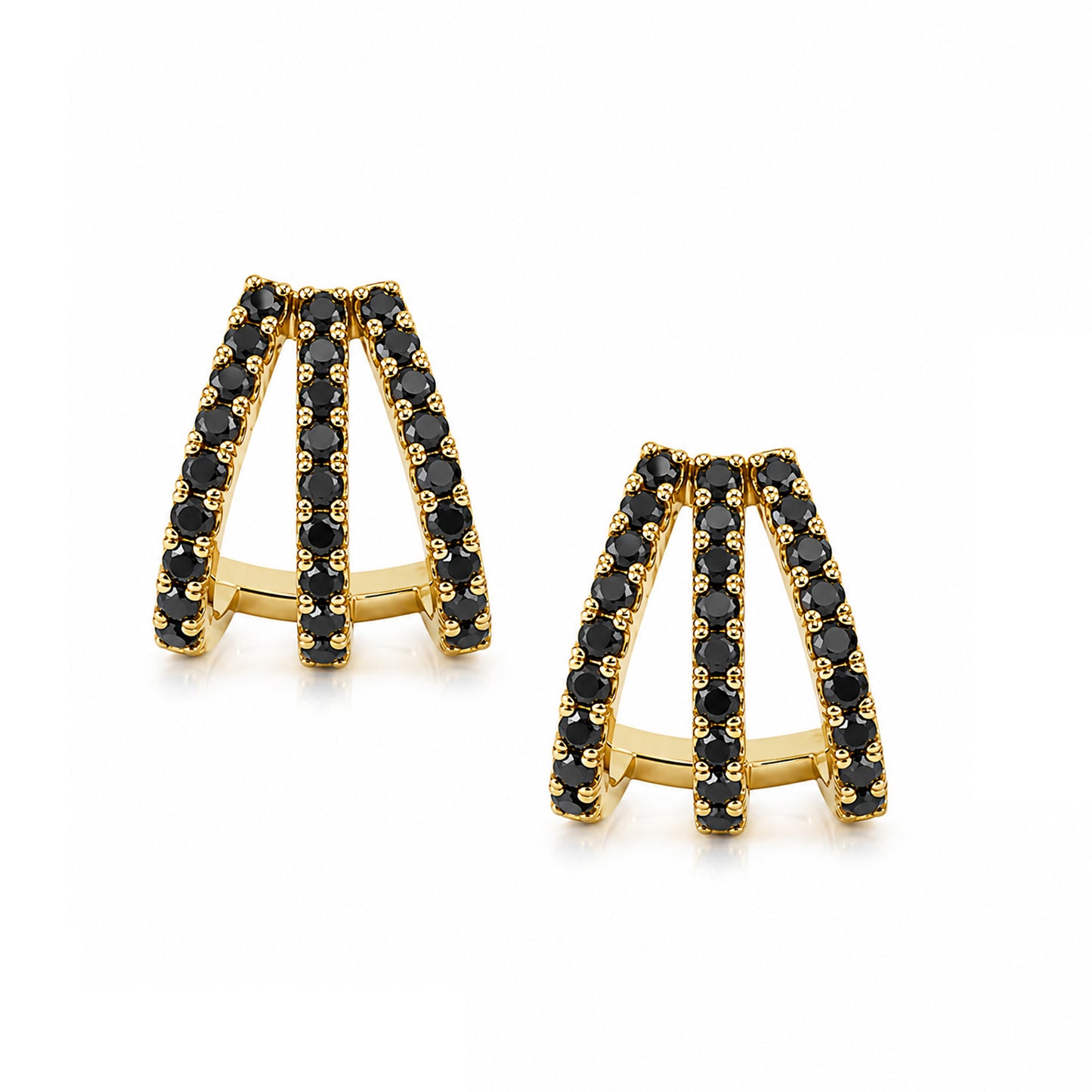 14K Gold Pavé Black Diamond 3 Row Hoop Stud Earrings