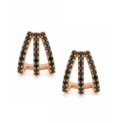 14K Gold Pavé Black Diamond 3 Row Hoop Stud Earrings