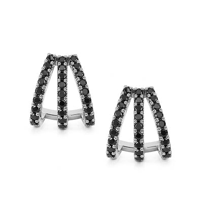 14K Gold Pavé Black Diamond 3 Row Hoop Stud Earrings