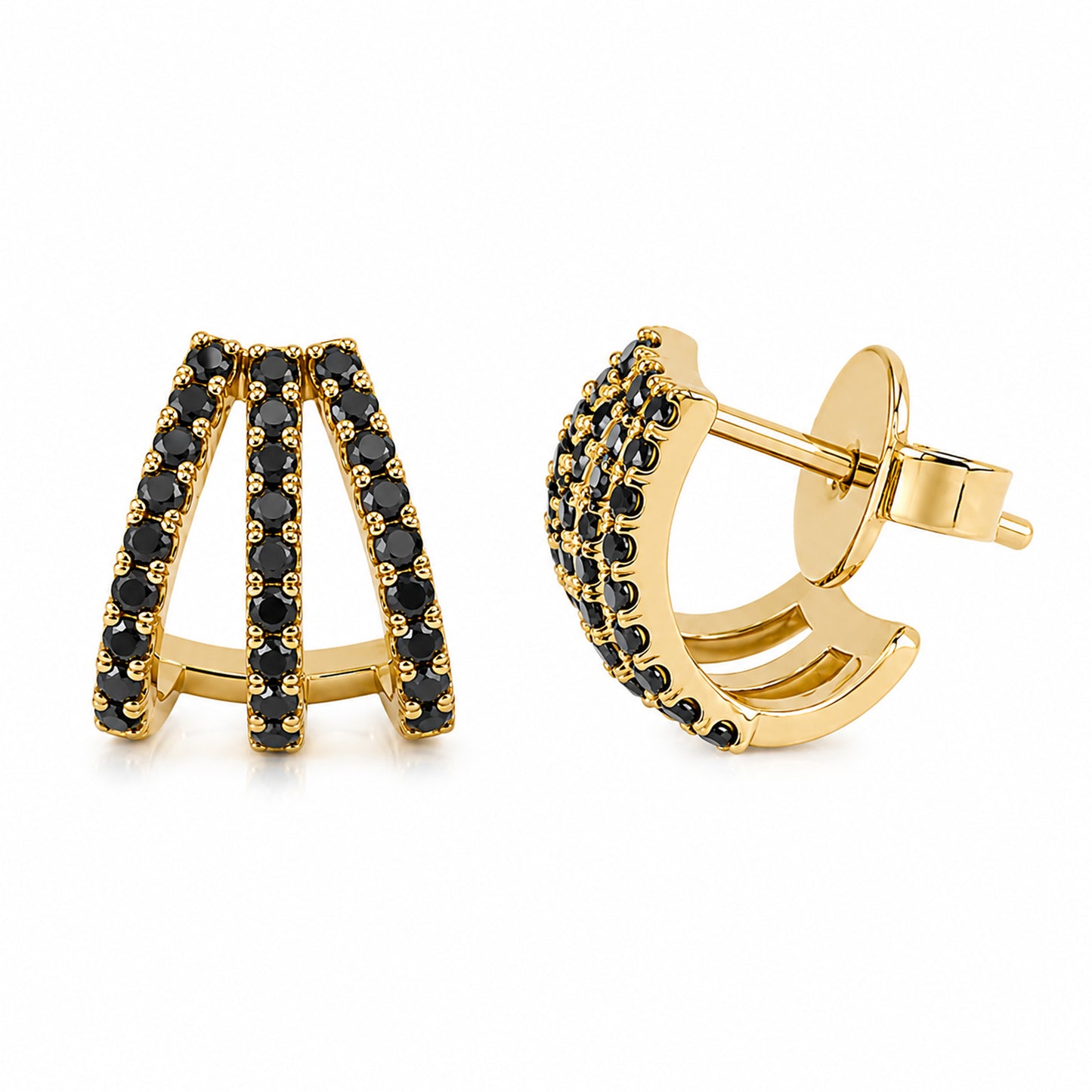 14K Gold Pavé Black Diamond 3 Row Hoop Stud Earrings