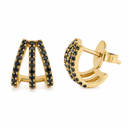 14K Gold Pavé Black Diamond 3 Row Hoop Stud Earrings