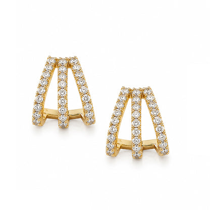 14K Gold Pavé Diamond 3 Row Hoop Stud Earrings