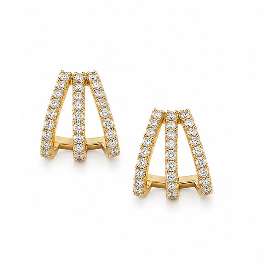 14K Gold Pavé Diamond 3 Row Hoop Stud Earrings