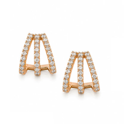 14K Gold Pavé Diamond 3 Row Hoop Stud Earrings