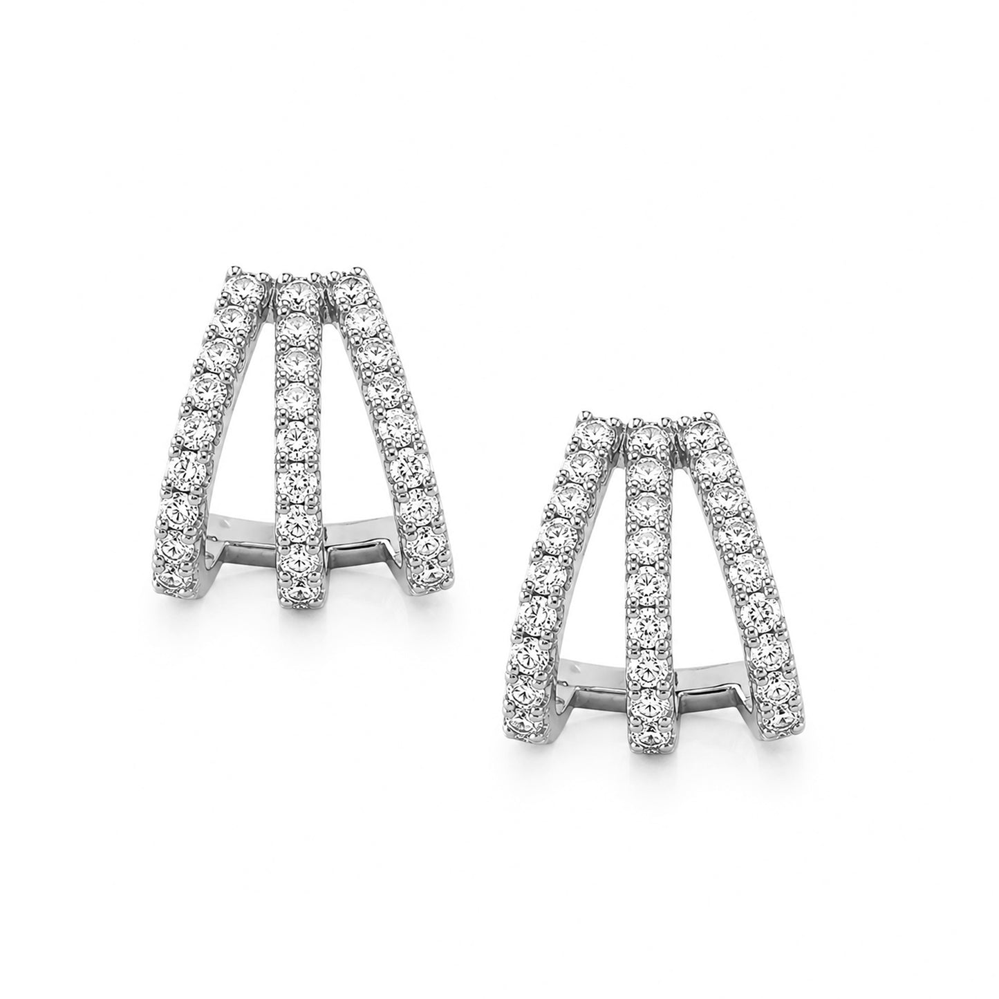 14K Gold Pavé Diamond 3 Row Hoop Stud Earrings