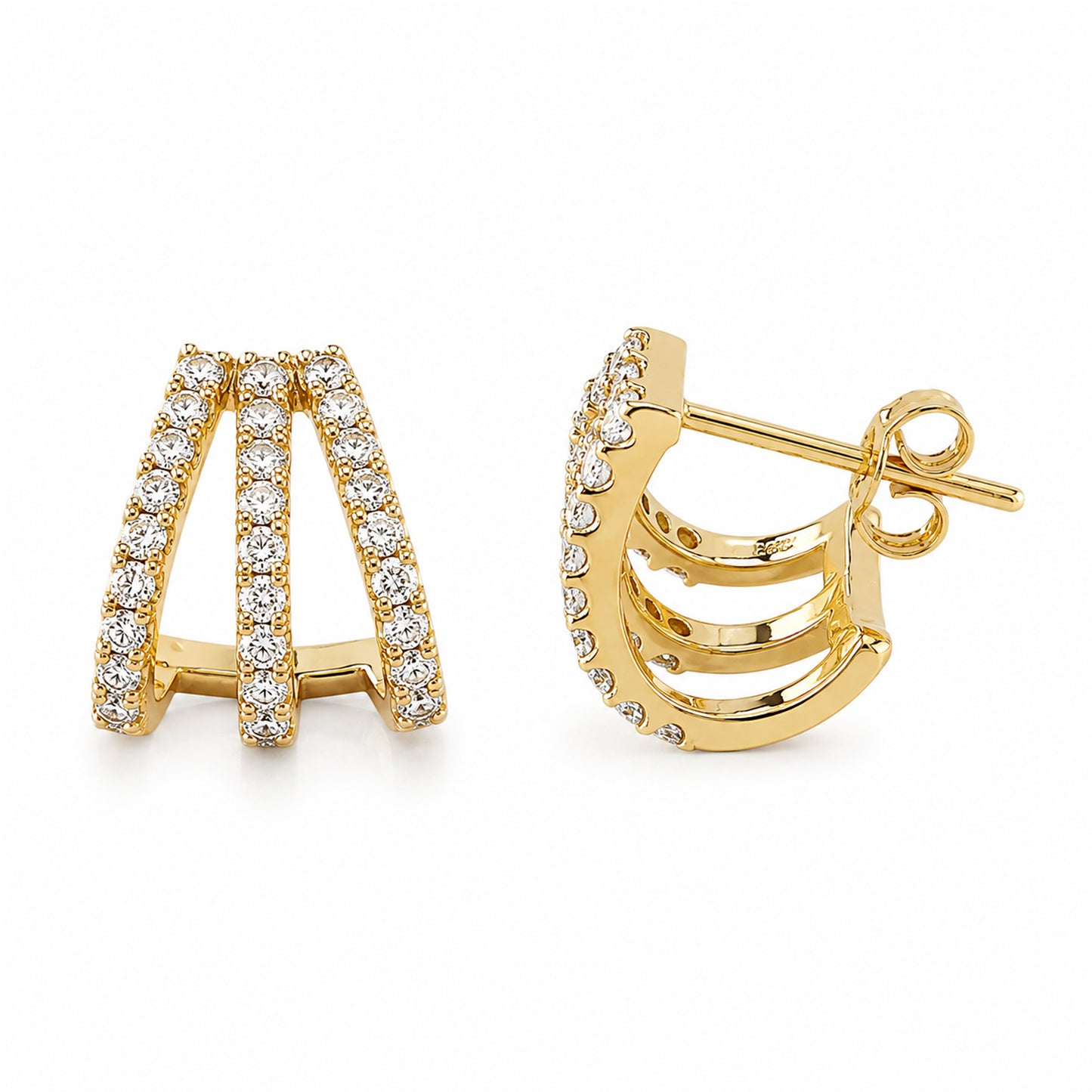 14K Gold Pavé Diamond 3 Row Hoop Stud Earrings