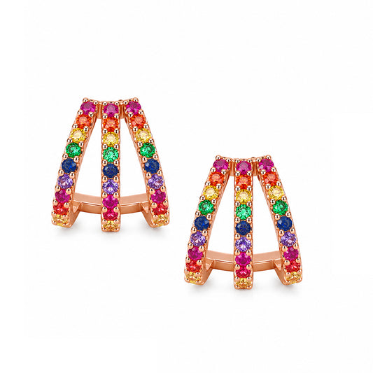 14K Gold Pavé Rainbow Gemstone 3 Row Hoop Stud Earrings