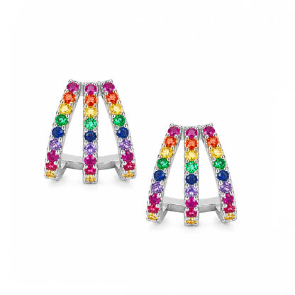14K Gold Pavé Rainbow Gemstone 3 Row Hoop Stud Earrings