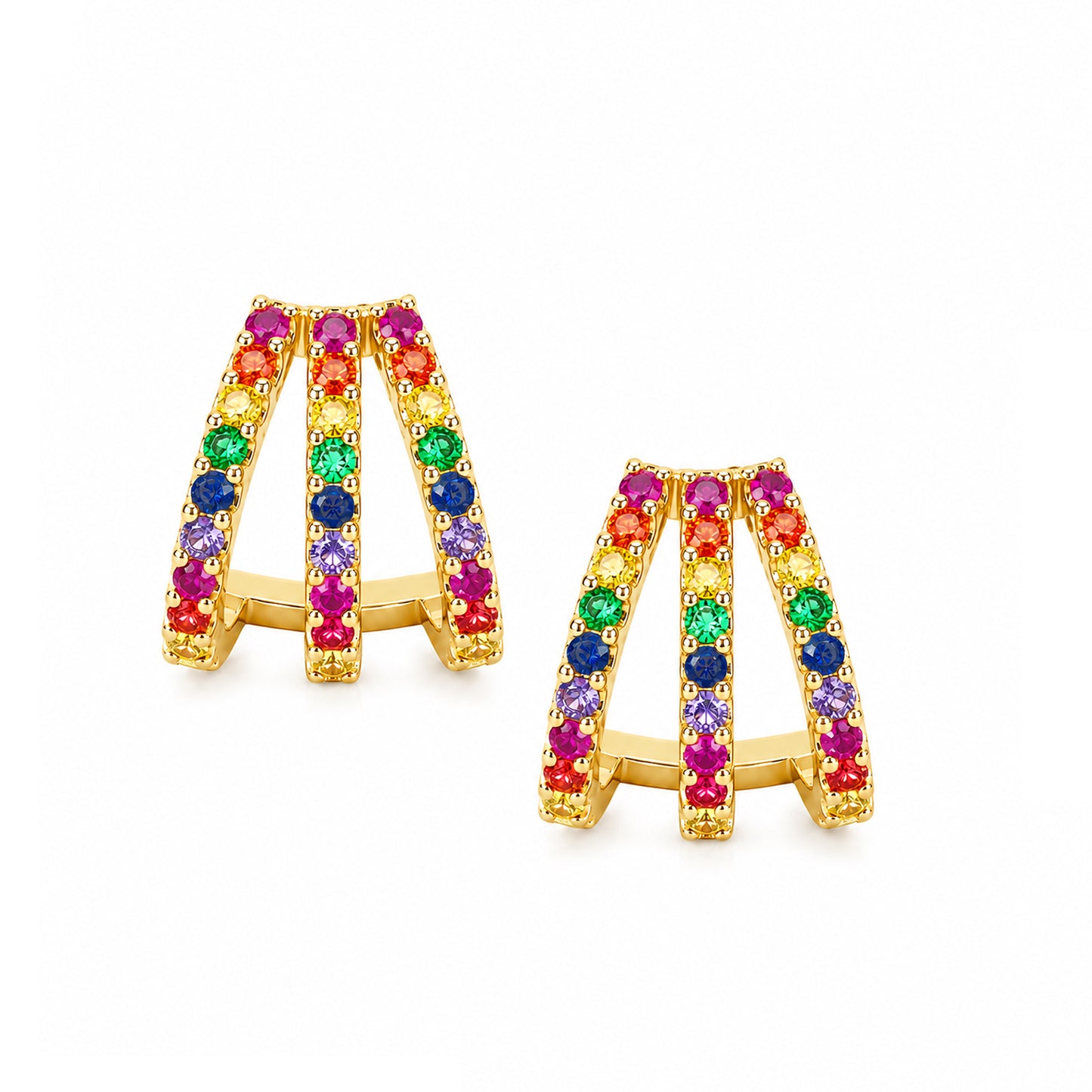 14K Gold Pavé Rainbow Gemstone 3 Row Hoop Stud Earrings