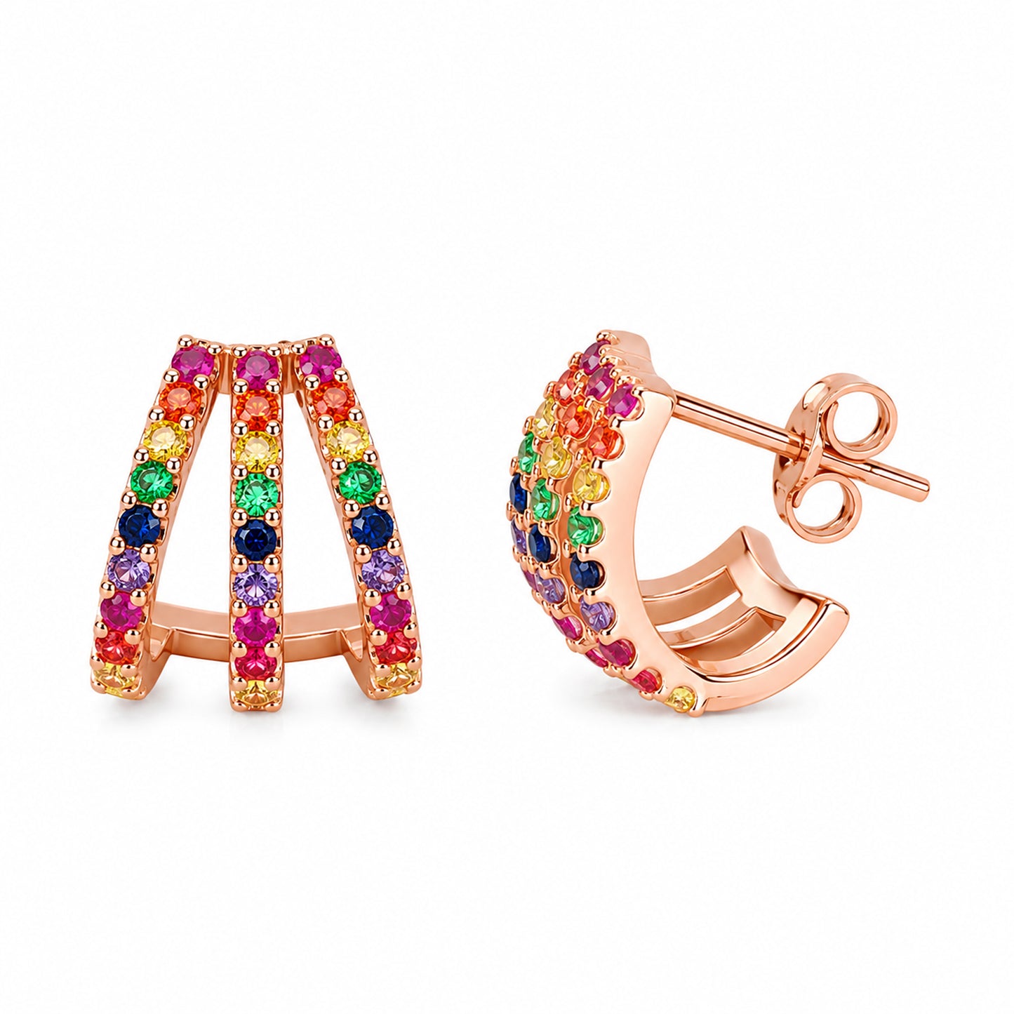 14K Gold Pavé Rainbow Gemstone 3 Row Hoop Stud Earrings