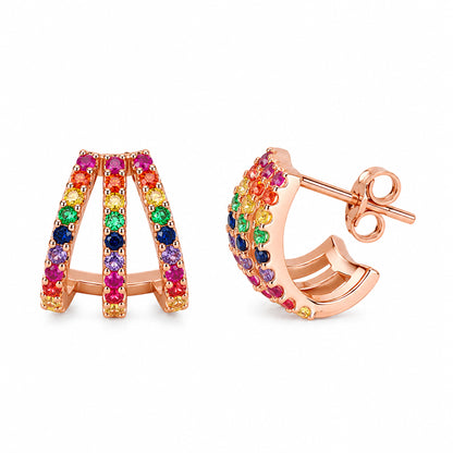 14K Gold Pavé Rainbow Gemstone 3 Row Hoop Stud Earrings