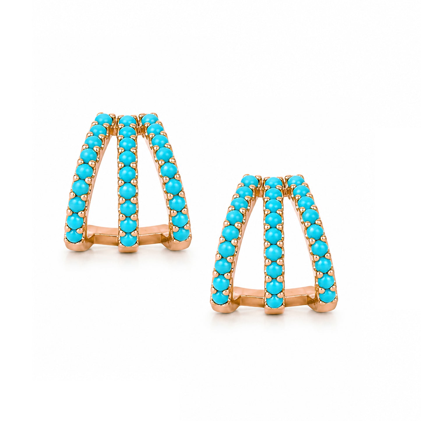 14K Gold Pavé Turquoise Gemstone 3 Row Hoop Stud Earrings