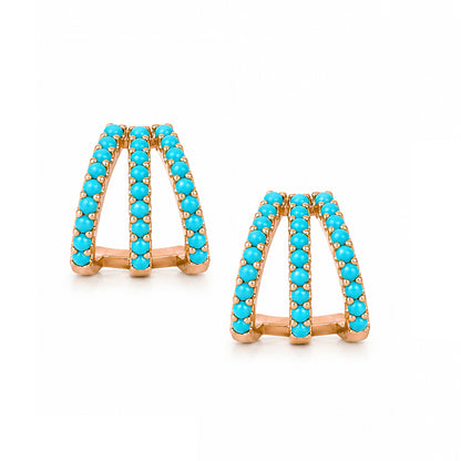 14K Gold Pavé Turquoise Gemstone 3 Row Hoop Stud Earrings