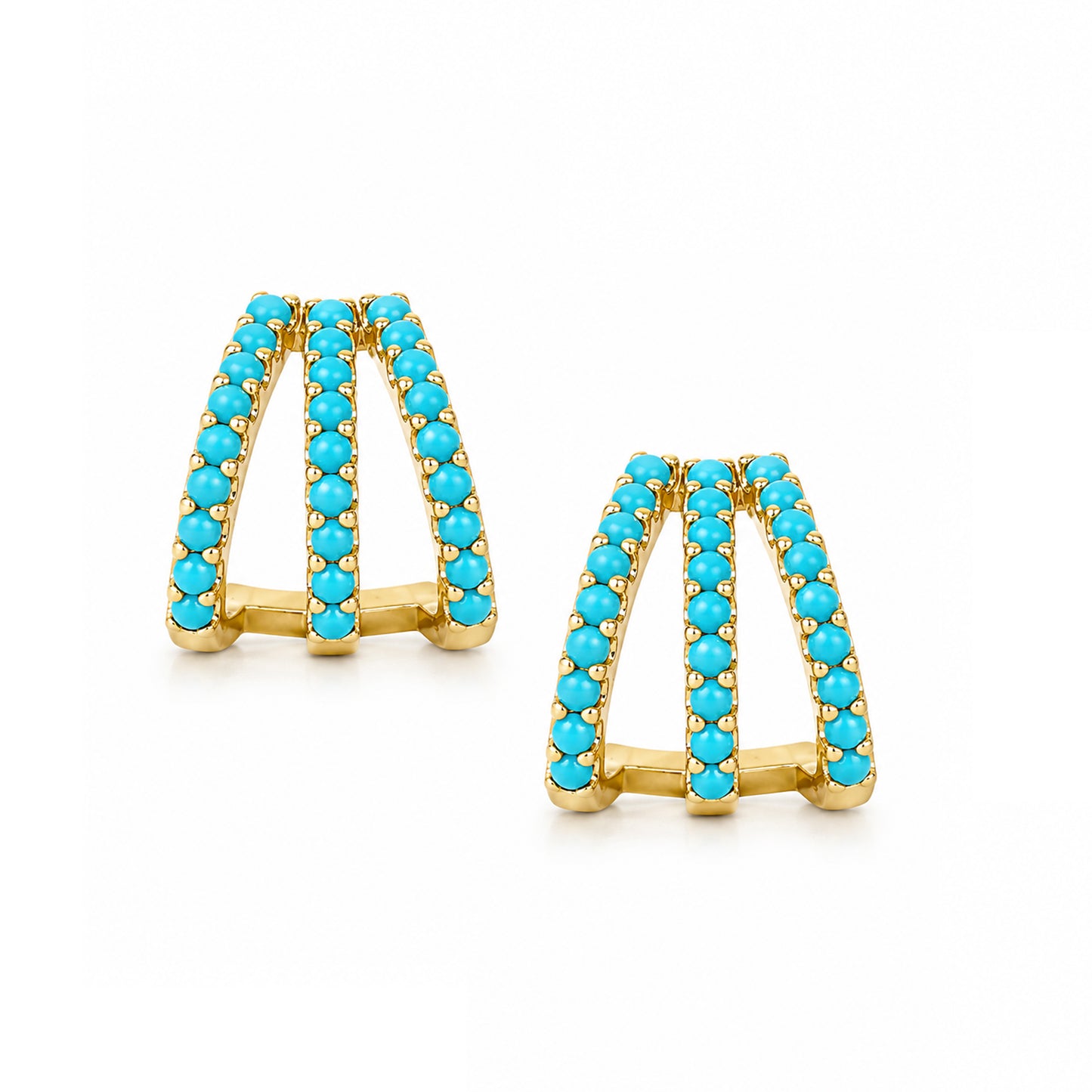 14K Gold Pavé Turquoise Gemstone 3 Row Hoop Stud Earrings