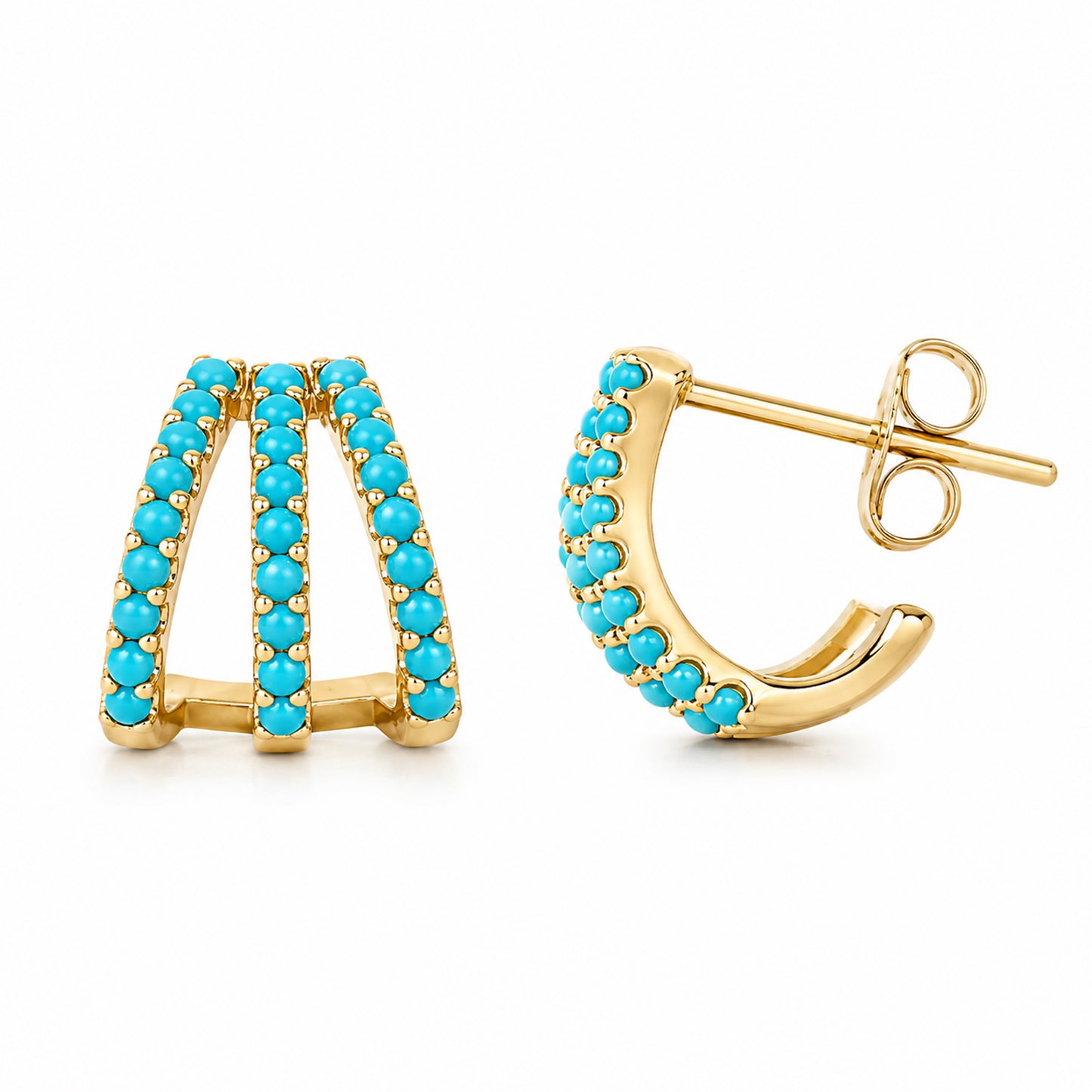 14K Gold Pavé Turquoise Gemstone 3 Row Hoop Stud Earrings