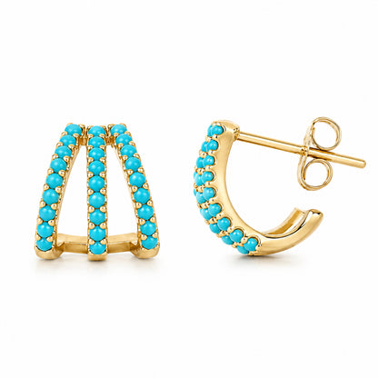 14K Gold Pavé Turquoise Gemstone 3 Row Hoop Stud Earrings