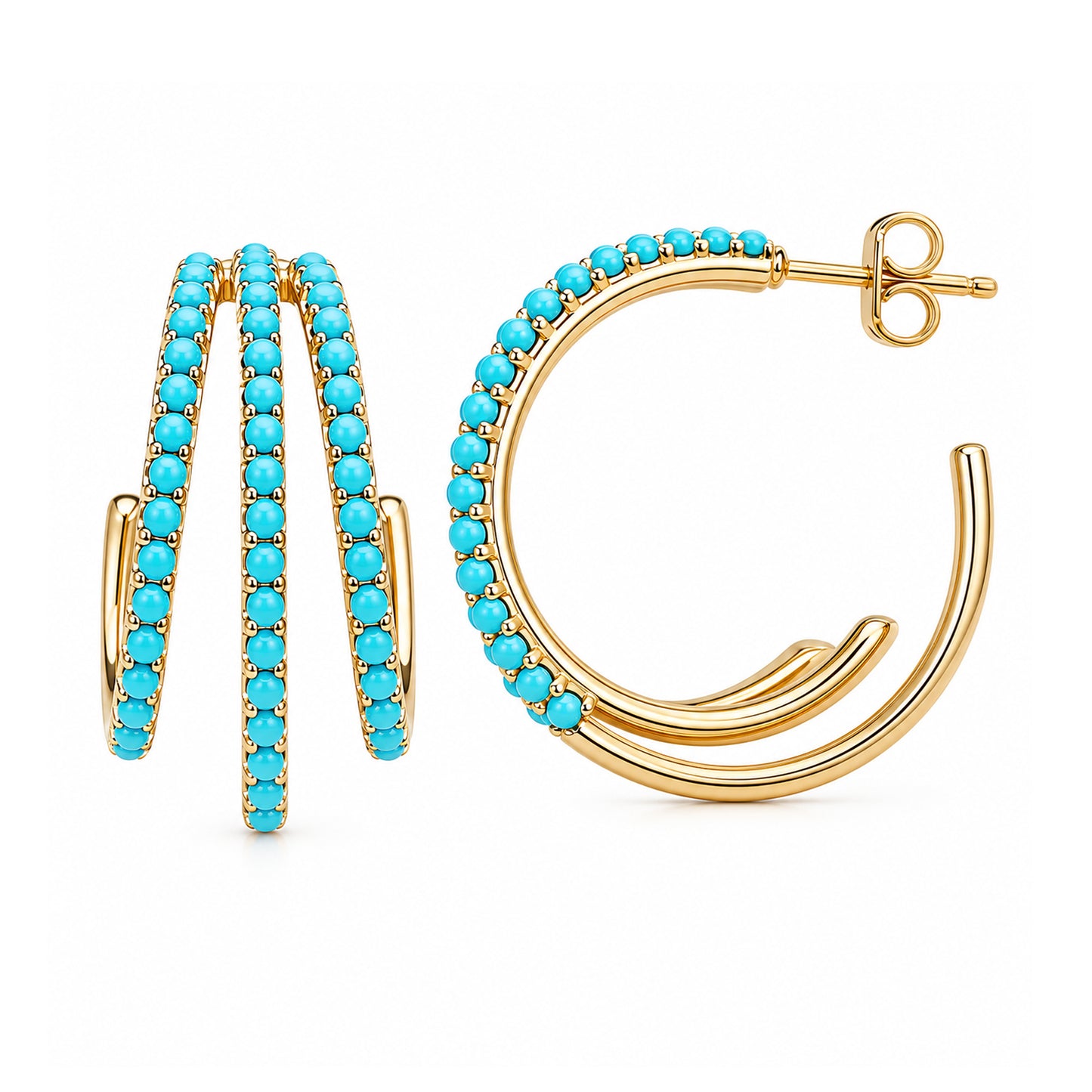 14K Gold Pavé Turquoise Triple XL Hoop Stud Earrings
