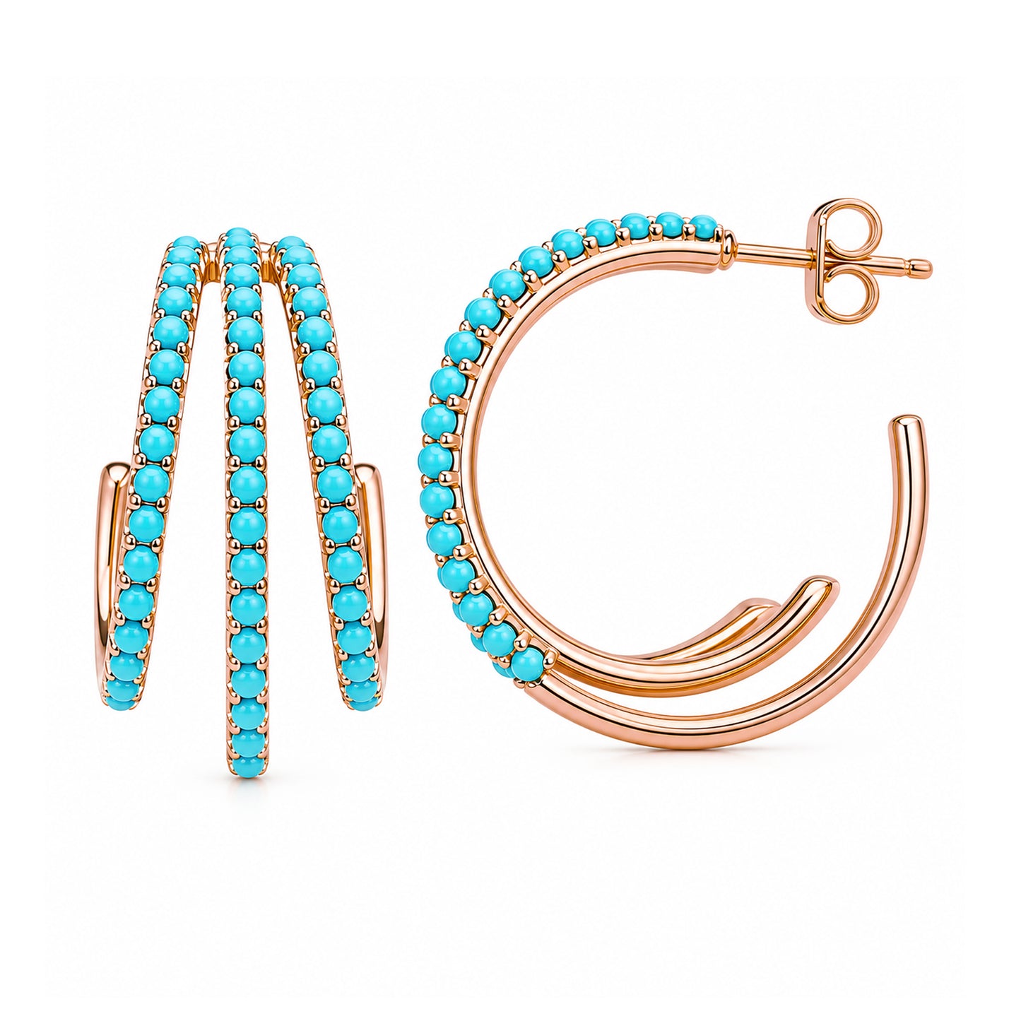14K Gold Pavé Turquoise Triple XL Hoop Stud Earrings
