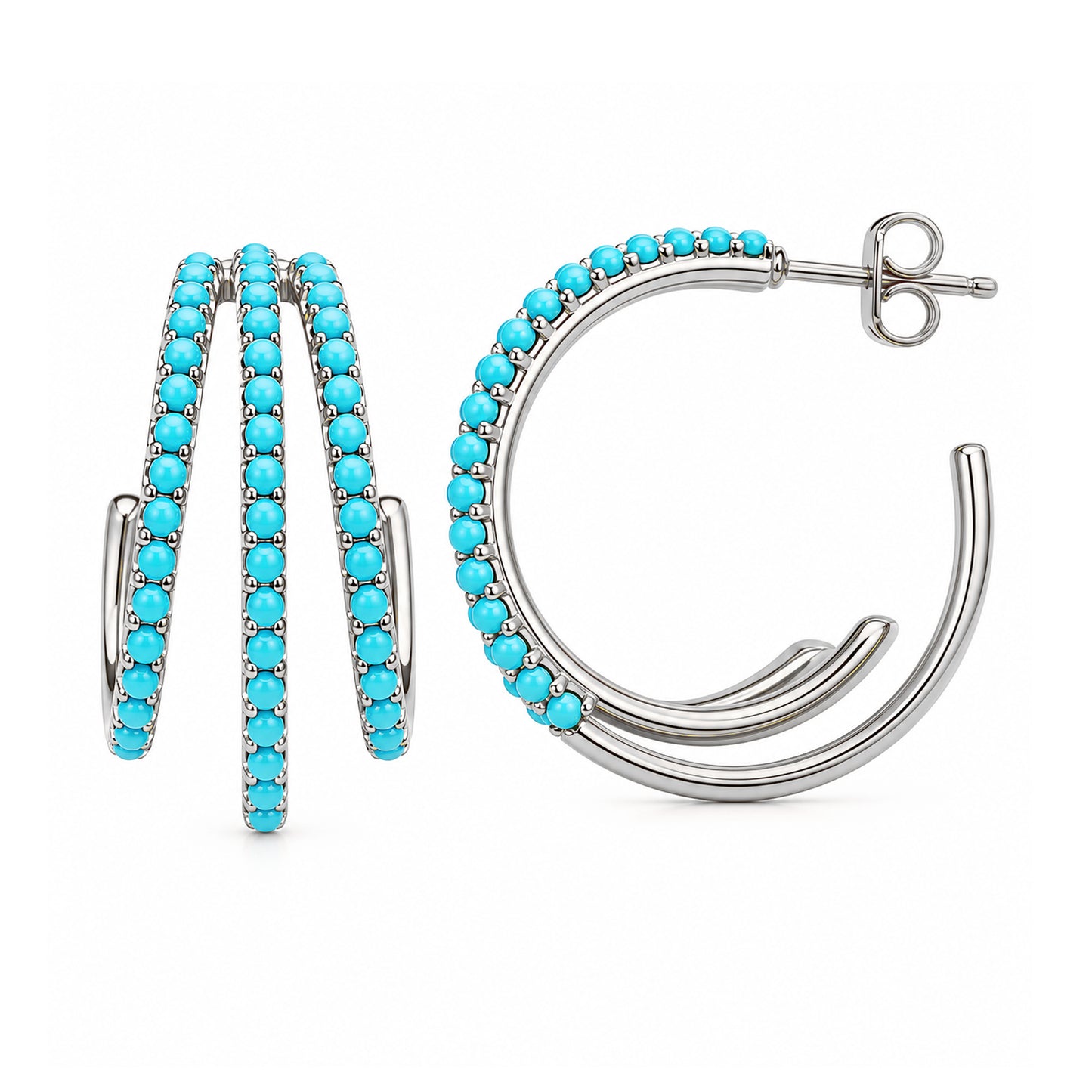 14K Gold Pavé Turquoise Triple XL Hoop Stud Earrings
