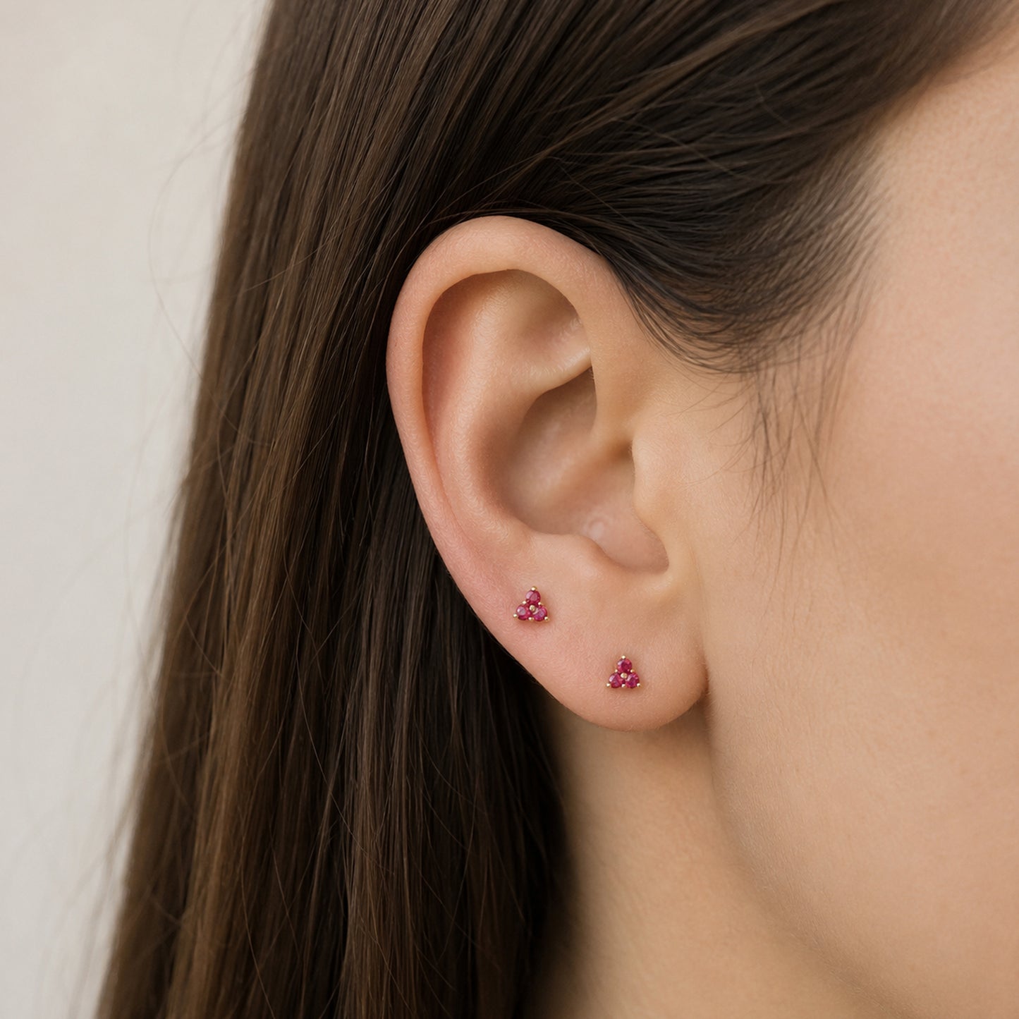 14K Gold Triple Ruby Trinity Cluster Stud Earrings