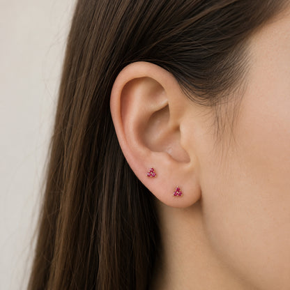 14K Gold Triple Ruby Trinity Cluster Stud Earrings