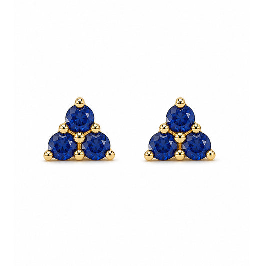 14K Gold Triple Sapphire Trinity Cluster Stud Earrings