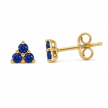14K Gold Triple Sapphire Trinity Cluster Stud Earrings