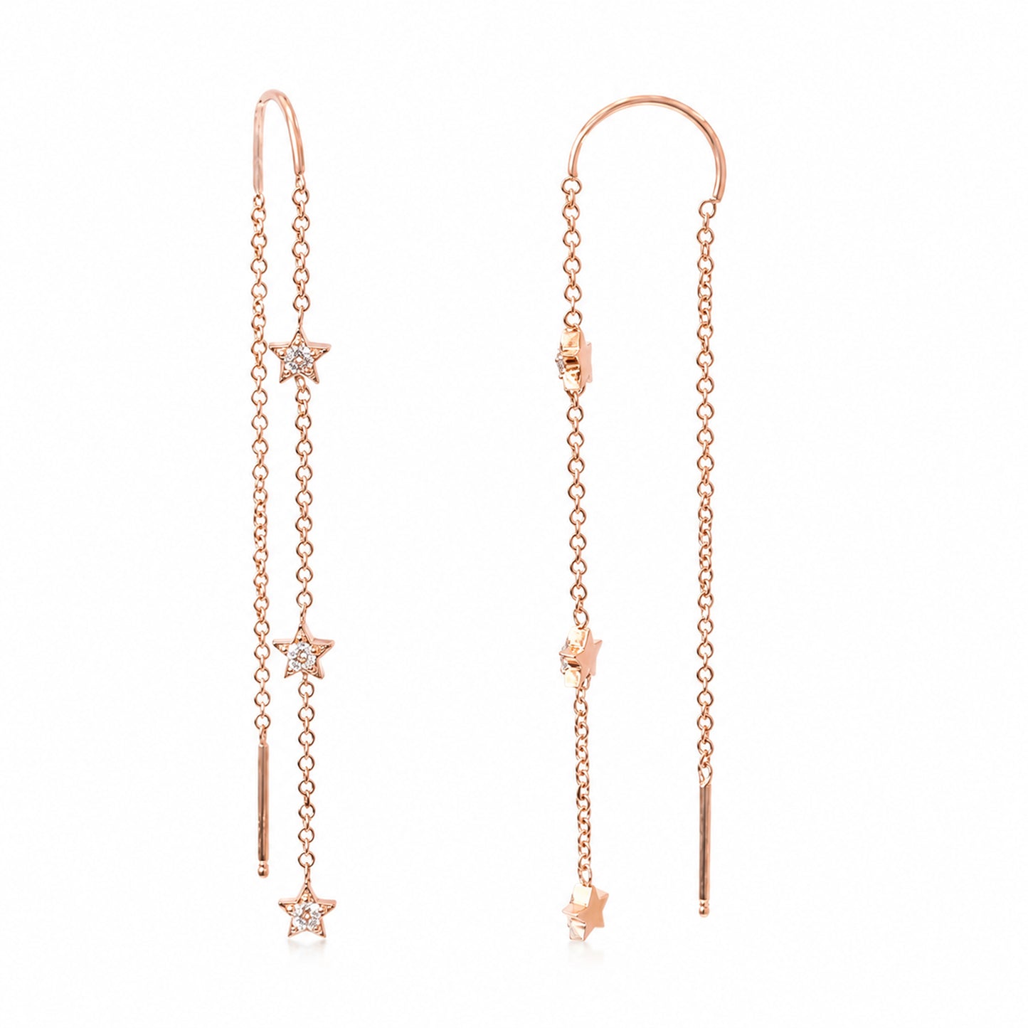14K Gold Triple Diamond Star Threader Chain Earrings