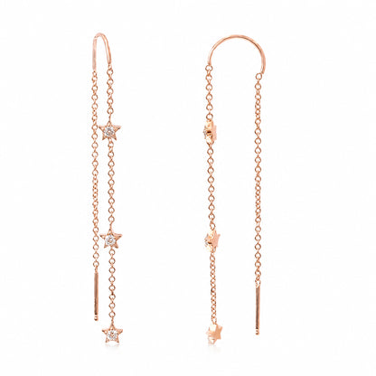 14K Gold Triple Diamond Star Threader Chain Earrings