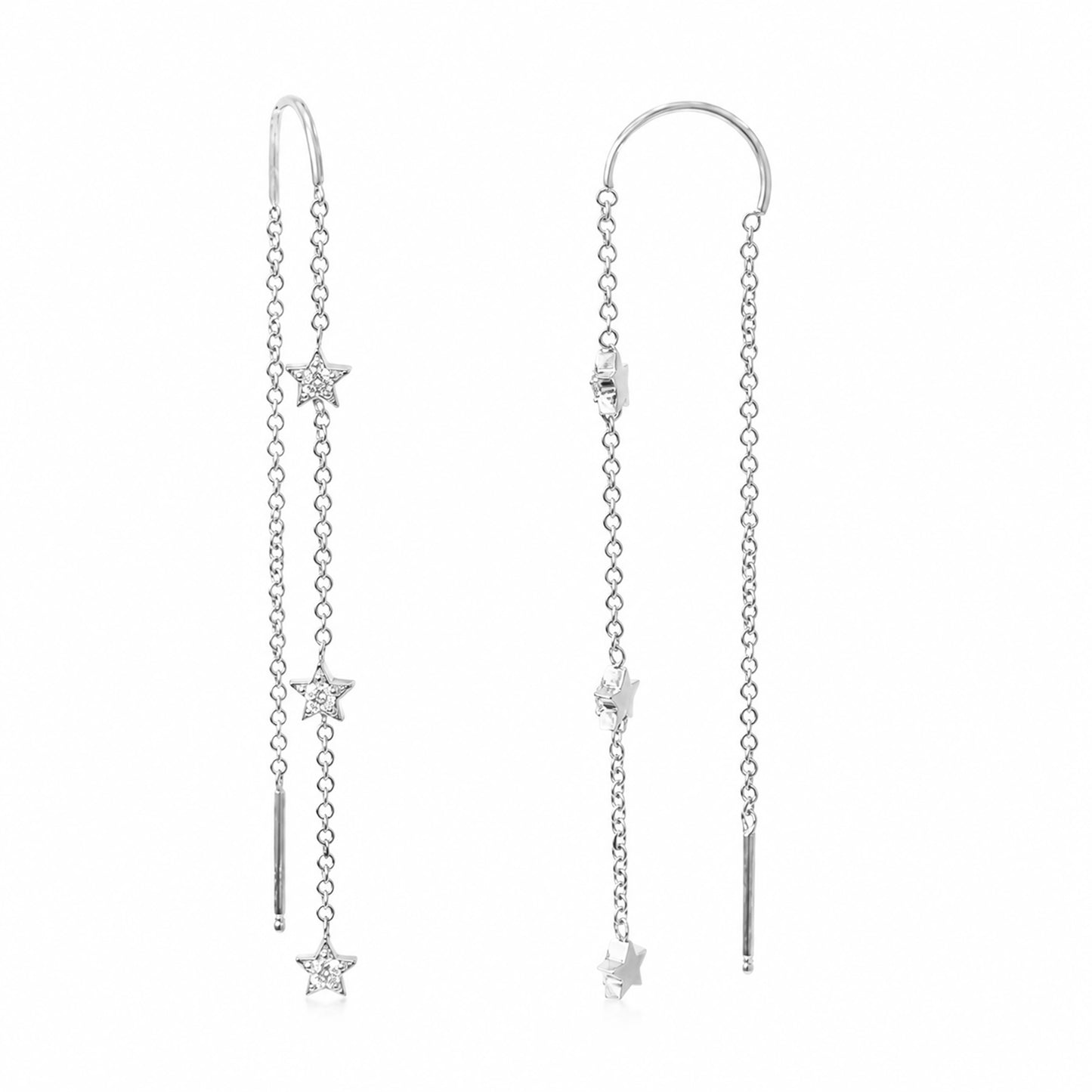 14K Gold Triple Diamond Star Threader Chain Earrings