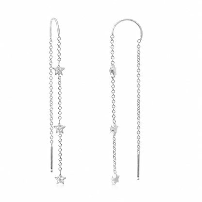 14K Gold Triple Diamond Star Threader Chain Earrings