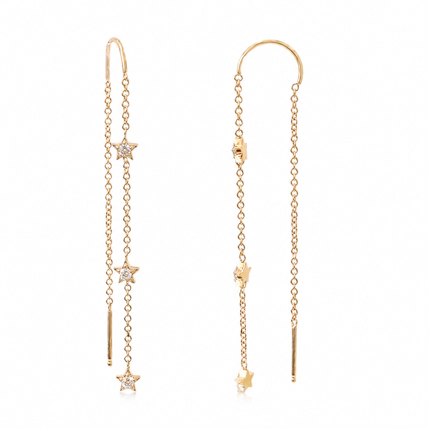 14K Gold Triple Diamond Star Threader Chain Earrings