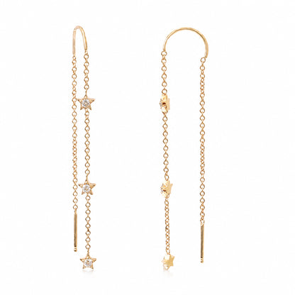 14K Gold Triple Diamond Star Threader Chain Earrings